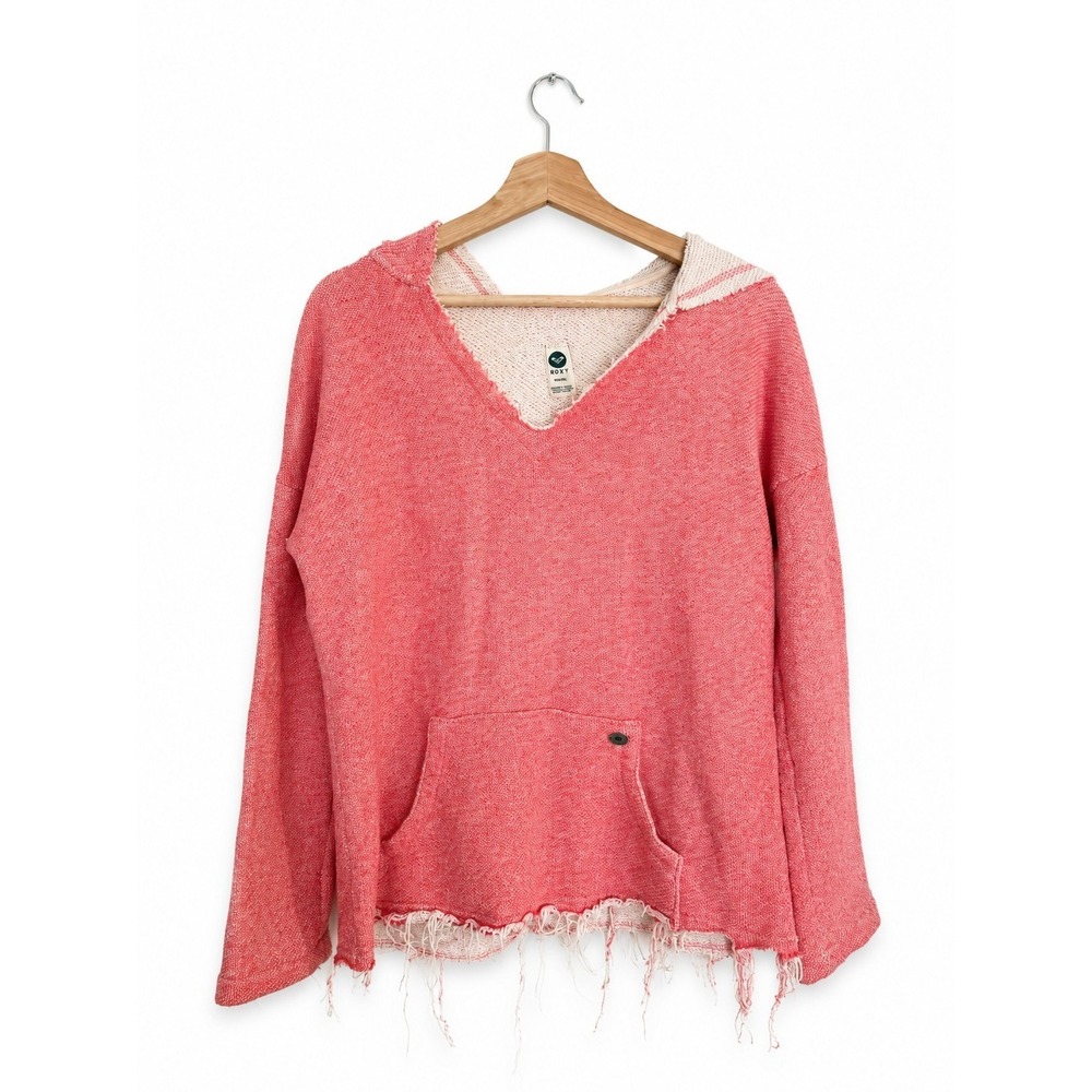 Roxy Womens Baja Hoodie Pullover Sweater Coral Red Heather V-Neck Frayed Hem S